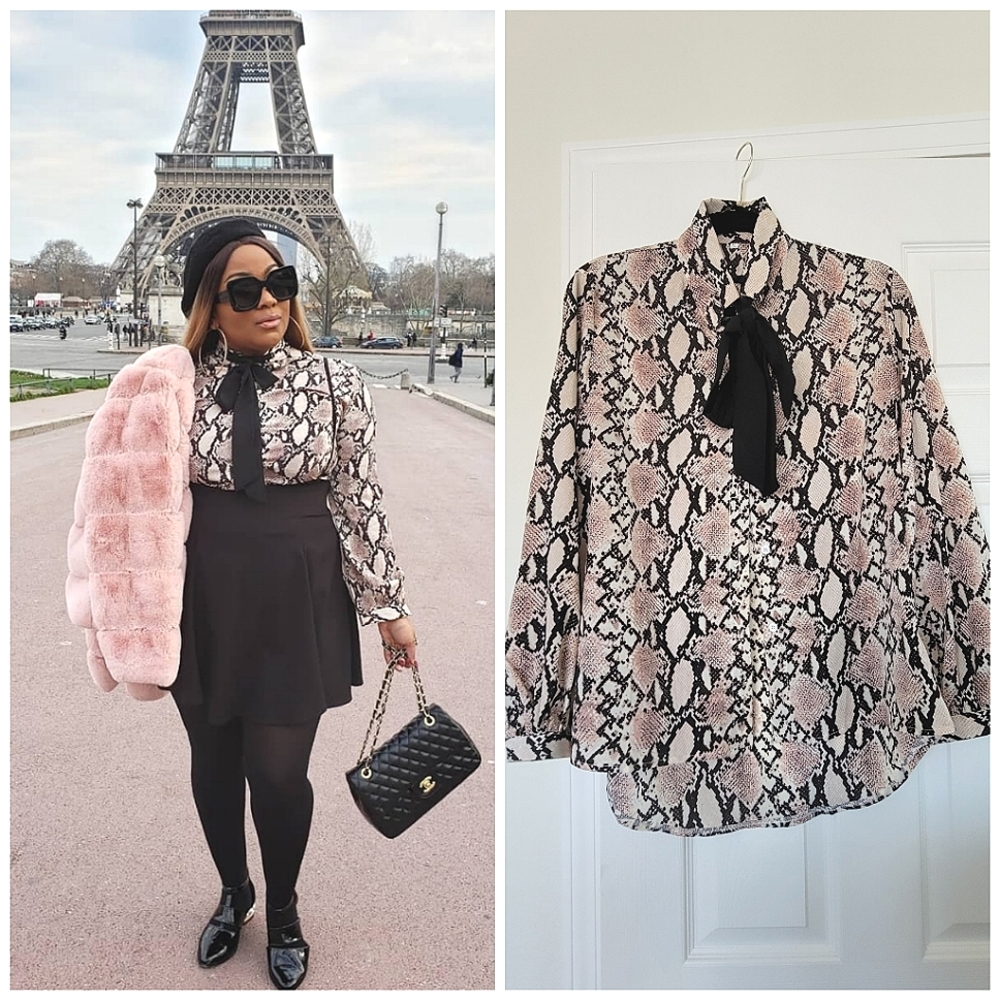 Snake Print Long Sleeve Tie Neck Blouse
